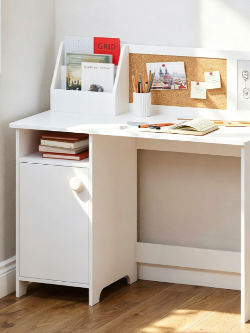 White Wooden Children’s Desk with Hutch and Storage Cupboard, Ages 3-8
