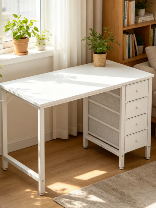 40-Inch White Reversible Girls’ Desk with Fabric Drawers, Study and Dressing Table