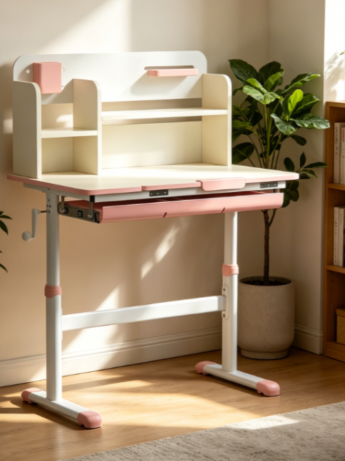 Pink Height Adjustable Wooden Kids Desk with Tilt Top, Drawer, Shelf and Pen Holder