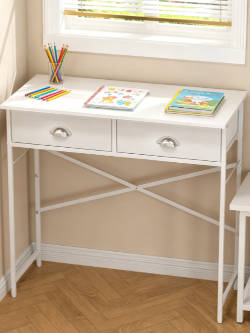 White 31.5-Inch Kids Writing Desk with Two Fabric Drawers, Compact Study Table